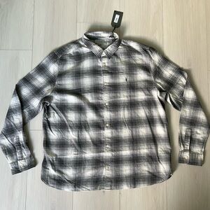 NEW All Saints Omega Button Down Soft Cotton Shirt in Rock Grey Plaid sz XXL
